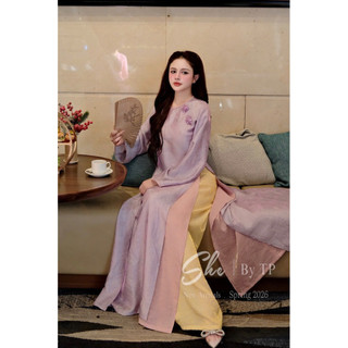 Áo Dài Lụa Ánh Nhũ 4 Tà Tag Đá Cài Mix Quần Suông Chuẩn She’s (ĐỢT SAU CÀI MỚI Ở ẢNH CUỐI)