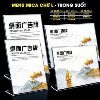 (Combo 2 Cái) Menu mica chữ L, Bảng giá, Bảng mica để bàn ghi thông tin sản phẩm - Mica trong suốt - Nhiều kích thước