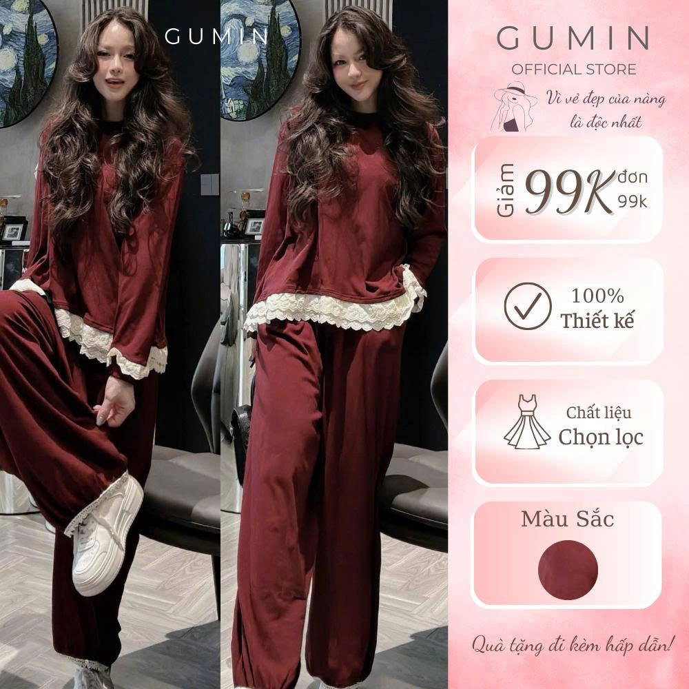 Set bộ nỉ kiểu nữ GUMIN thiết kế áo phối viền ren kèm quần suông bo chun gấu chất tăm lông thỏ dày dặn, Set bộ nữ thu đô