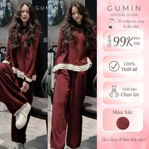 Set bộ nỉ kiểu nữ GUMIN thiết kế áo phối viền ren kèm quần suông bo chun gấu chất tăm lông thỏ dày dặn, Set bộ nữ thu đô