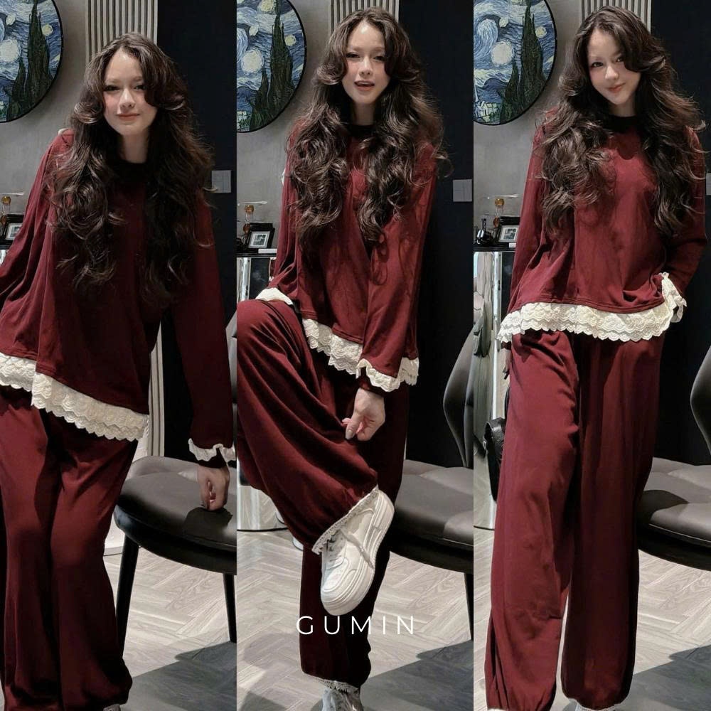 Set bộ nỉ kiểu nữ GUMIN thiết kế áo phối viền ren kèm quần suông bo chun gấu chất tăm lông thỏ dày dặn, Set bộ nữ thu đô