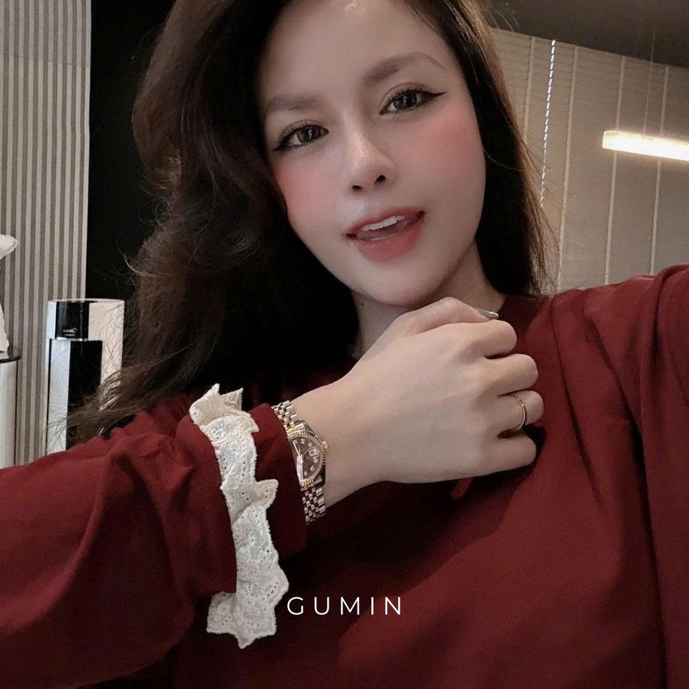 Set bộ nỉ kiểu nữ GUMIN thiết kế áo phối viền ren kèm quần suông bo chun gấu chất tăm lông thỏ dày dặn, Set bộ nữ thu đô