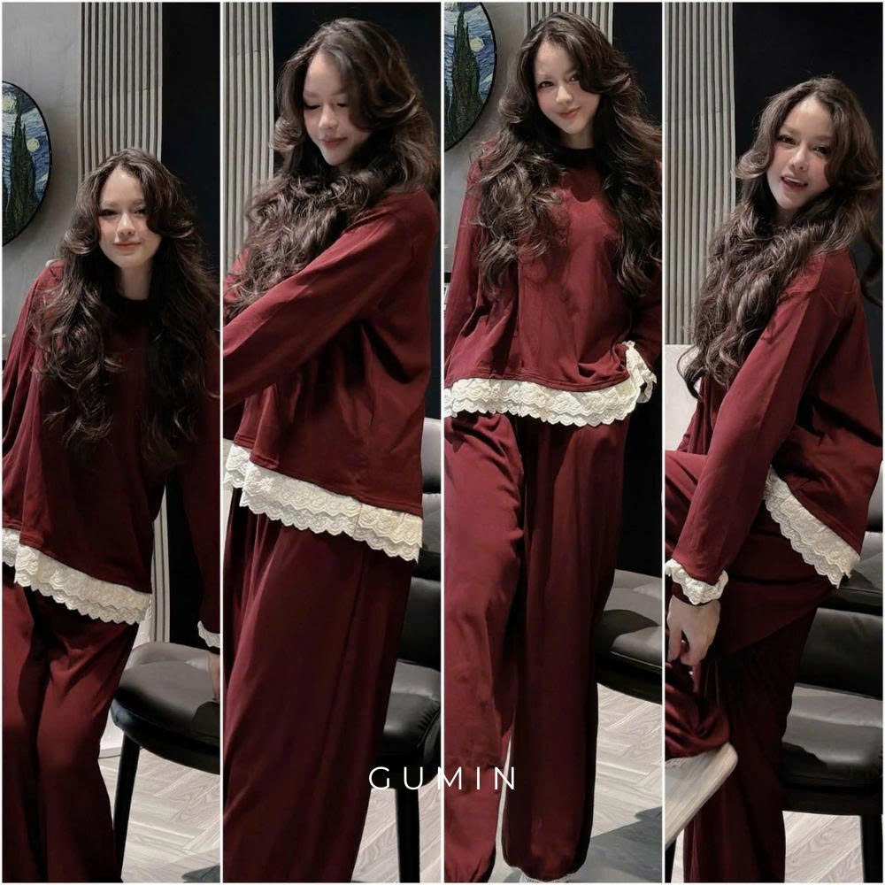 Set bộ nỉ kiểu nữ GUMIN thiết kế áo phối viền ren kèm quần suông bo chun gấu chất tăm lông thỏ dày dặn, Set bộ nữ thu đô