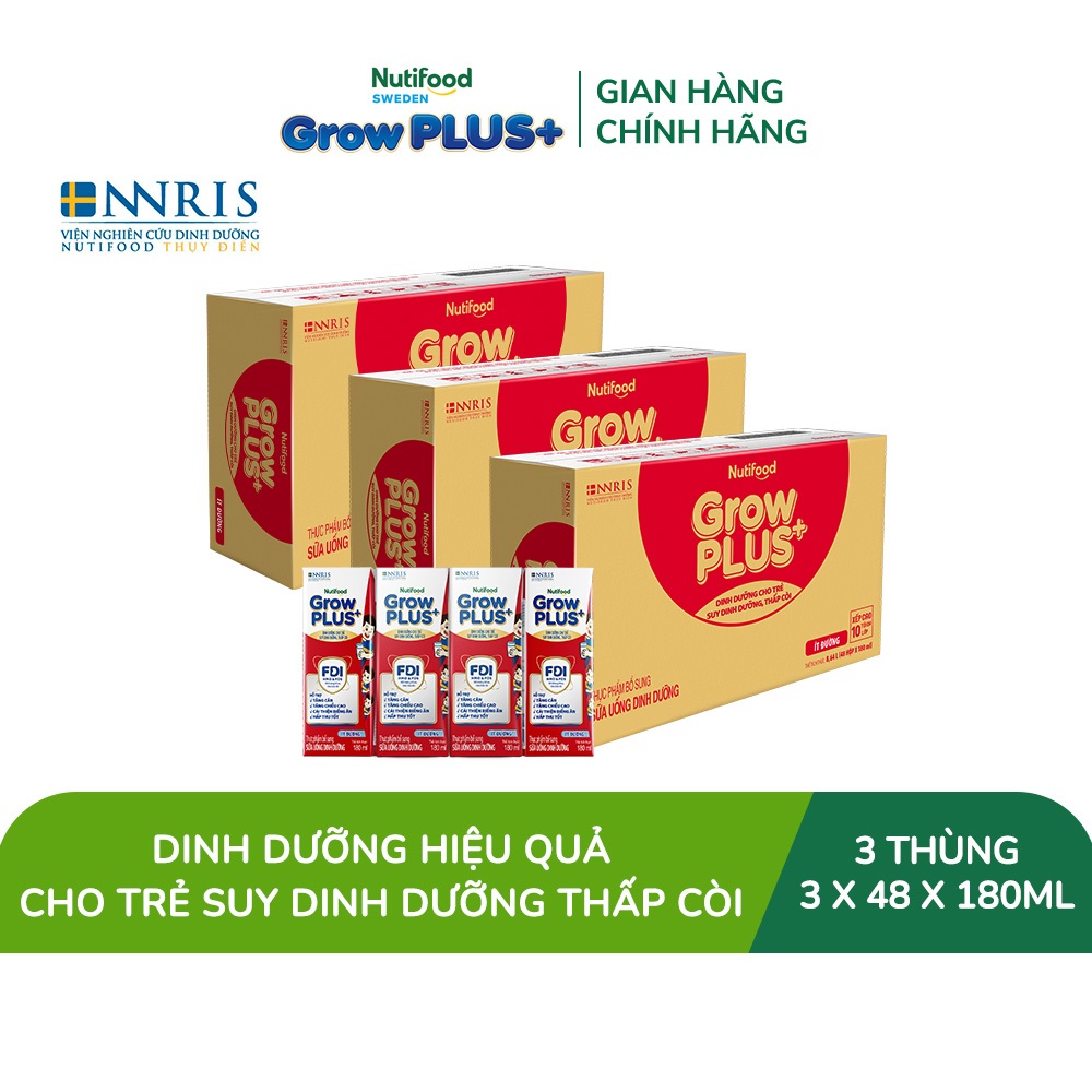 Combo 3 Thùng SBPS Nutifood GrowPLUS+ ít đường Suy Dinh Dưỡng - Tăng Cân, Tăng Chiều Cao (48 Hộp x 180ml)