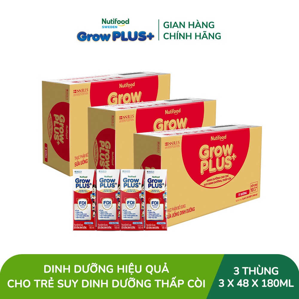 Combo 3 Thùng SBPS Nutifood GrowPLUS+ ít đường Suy Dinh Dưỡng - Tăng Cân, Tăng Chiều Cao (48 Hộp x 180ml)
