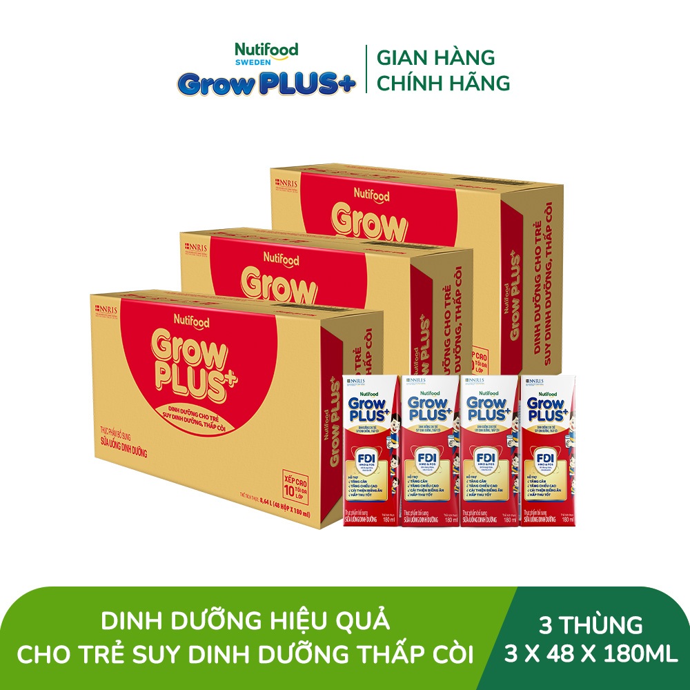 Combo 3 Thùng SBPS Nutifood GrowPLUS+ Đỏ (Suy Dinh Dưỡng) - Tăng Cân, Tăng Chiều Cao (48 Hộp x 180ml)