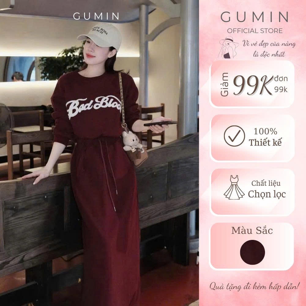 Set bộ áo váy GUMIN thiết kế áo nỉ thêu chữ nổi kèm chân váy midi dáng dài có dây rút eo sang chảnh thanh lịch