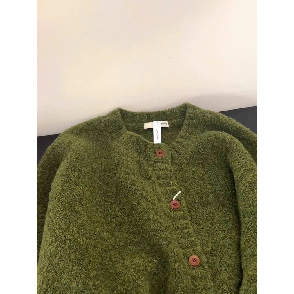 Áo khoác len cardigan xanh rêu khuy cài nâu dáng rộng vừa dày dặn chất len xù CDG015 - Tiktik