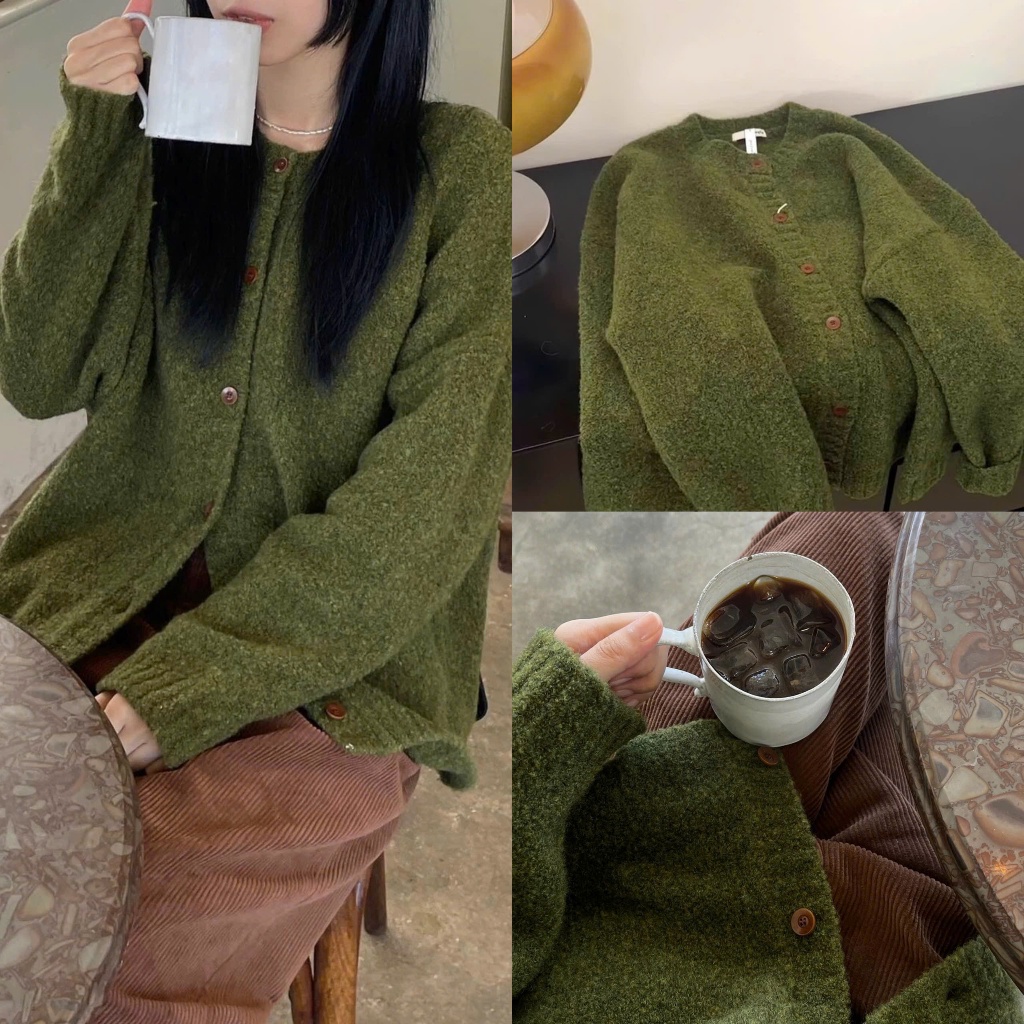 Áo khoác len cardigan xanh rêu khuy cài nâu dáng rộng vừa dày dặn chất len xù CDG015 - Tiktik