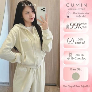 Set bộ nỉ nữ GUMIN thiết kế 3 món áo khoác thêu chữ sang trọng, set bộ đồ nữ thu đông dày dặn sang chảnh