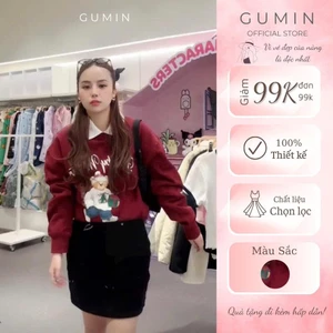 Áo sweater nữ GUMIN thiết kế áo phối cổ bẻ họa tiết hình gấu sang trọng, áo len nữ thu đông dày dặn cao cấp