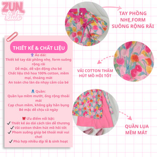 Bộ áo dài bé gái Cotton Xuân Hoa tay phồng hoa nhí dễ thương – Áo dài suông cotton mềm + quần lụa mềm ống rộng