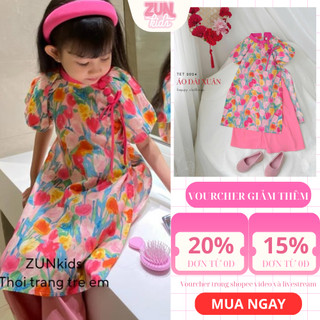 Bộ áo dài bé gái Cotton Xuân Hoa tay phồng hoa nhí dễ thương – Áo dài suông cotton mềm + quần lụa mềm ống rộng
