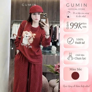 Set bộ nỉ nữ GUMIN thiết kế họa tiết chấm bi áo in hình cún kèm quần bom phối gấu viền ren sang chảnh, set bộ nỉ thu đôn