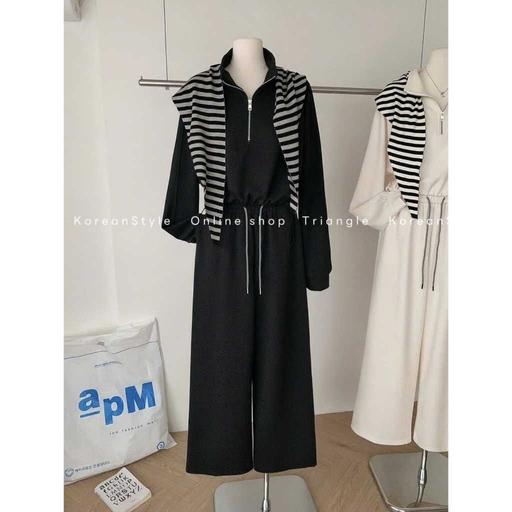 TRIANGLE - Wina Set (Cân nhắc kỹ, return is not welcomed)- Set nỉ áo dài tay mix quần ống rộng kèm khăn kẻ dày dặn