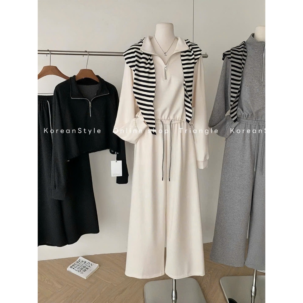 TRIANGLE - Wina Set (Cân nhắc kỹ, return is not welcomed)- Set nỉ áo dài tay mix quần ống rộng kèm khăn kẻ dày dặn