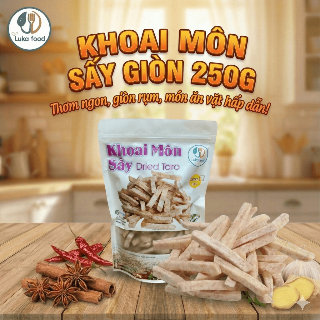 Khoai Môn Sấy Giòn 250g - Hàng Loại 1 Không Vụn, Vị Bùi Béo, Giòn Rụm, Ít Ngọt, Ăn Vặt Healthy Luka Food
