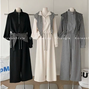 TRIANGLE - Wina Set (Cân nhắc kỹ, return is not welcomed)- Set nỉ áo dài tay mix quần ống rộng kèm khăn kẻ dày dặn