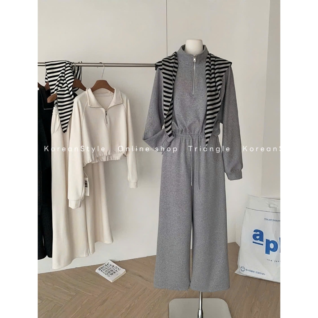 TRIANGLE - Wina Set (Cân nhắc kỹ, return is not welcomed)- Set nỉ áo dài tay mix quần ống rộng kèm khăn kẻ dày dặn