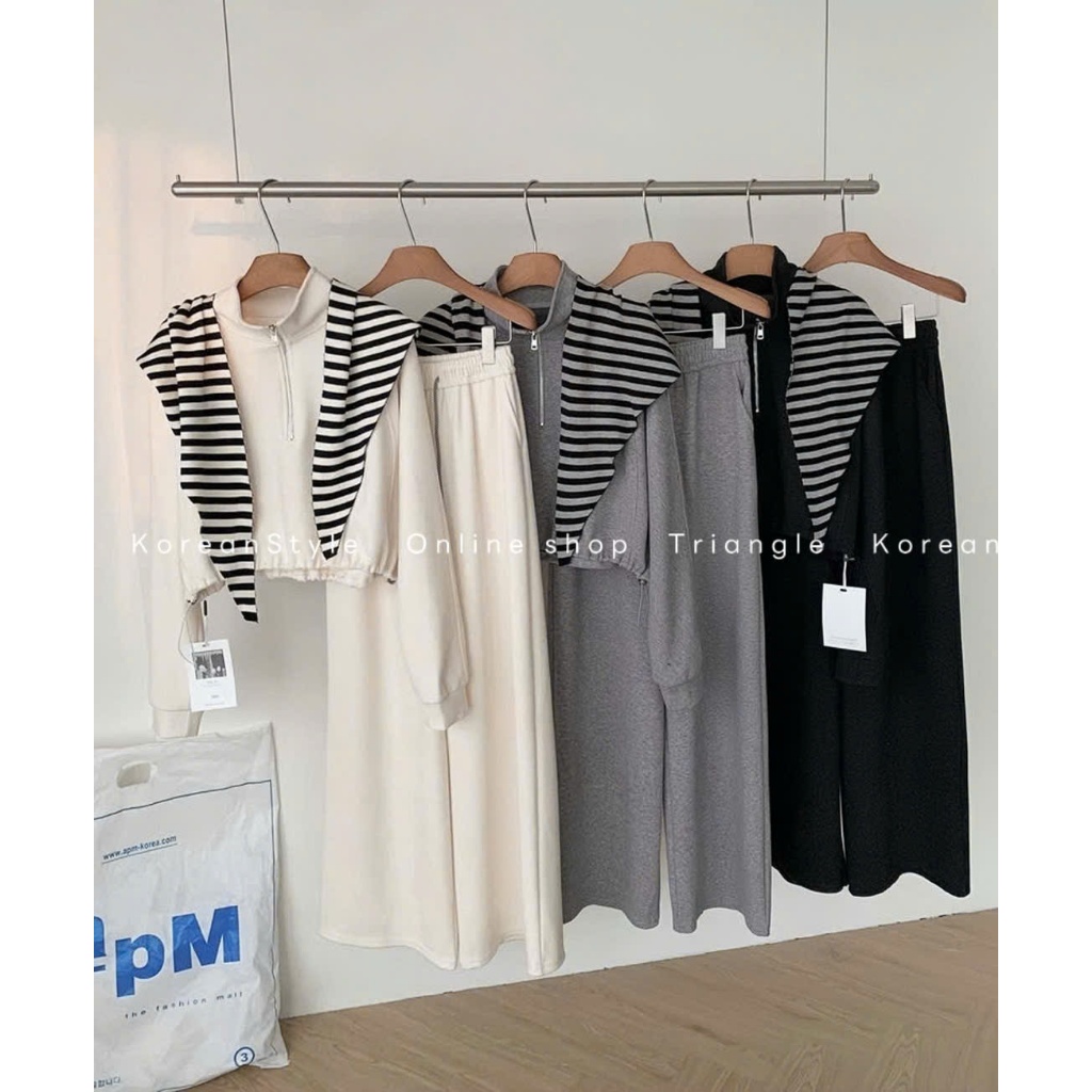 TRIANGLE - Wina Set (Cân nhắc kỹ, return is not welcomed)- Set nỉ áo dài tay mix quần ống rộng kèm khăn kẻ dày dặn
