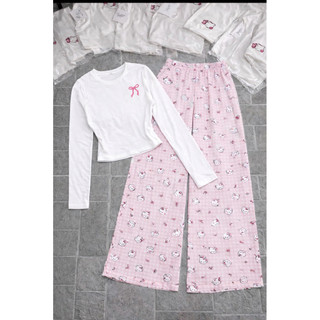 Set bộ áo bbt dài tay in nơ hồng mix quần xuông đũi hello kitty nhỏ