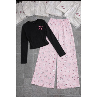Set bộ áo bbt dài tay in nơ hồng mix quần xuông đũi hello kitty nhỏ