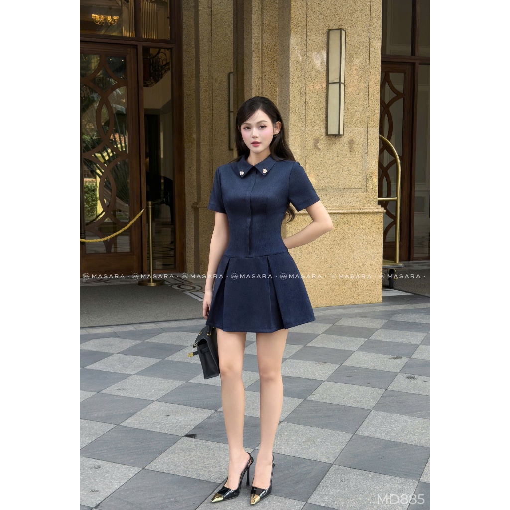 Đầm ngắn Masara form chữ A cổ sơ mi đính charm hoa lấp lánh phong cách thanh lịch MD885