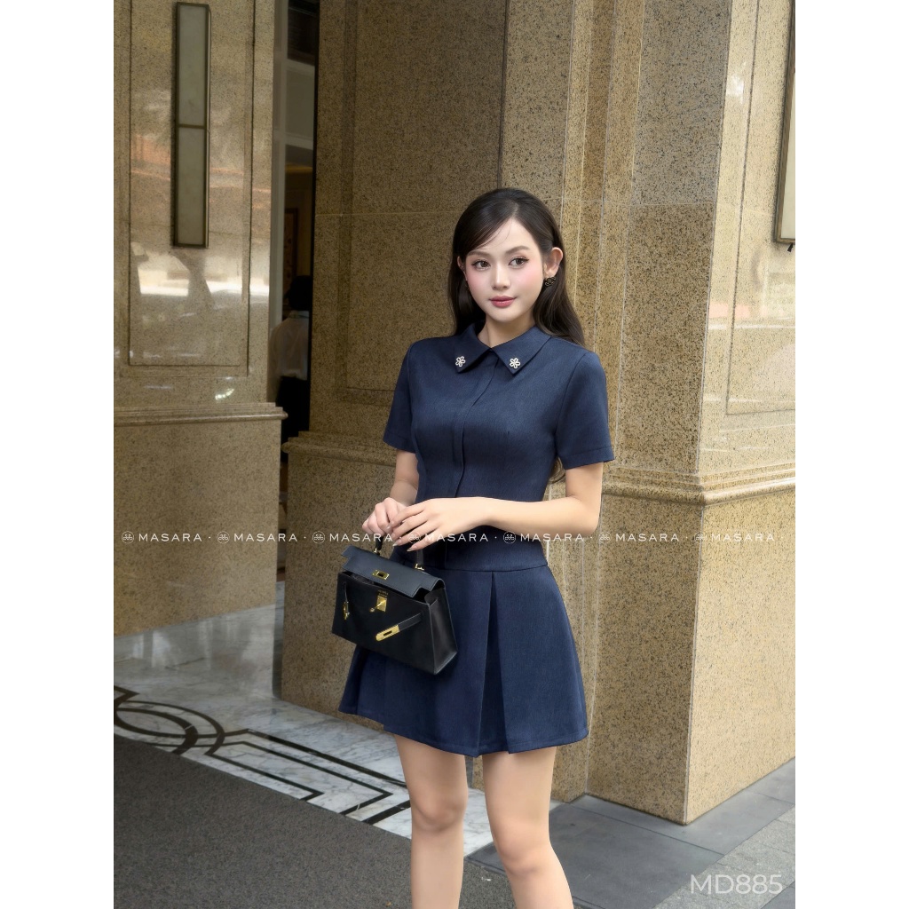 Đầm ngắn Masara form chữ A cổ sơ mi đính charm hoa lấp lánh phong cách thanh lịch MD885