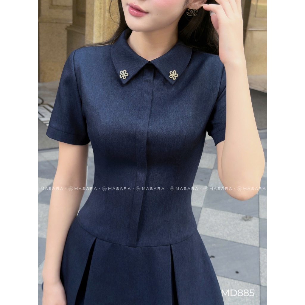 Đầm ngắn Masara form chữ A cổ sơ mi đính charm hoa lấp lánh phong cách thanh lịch MD885