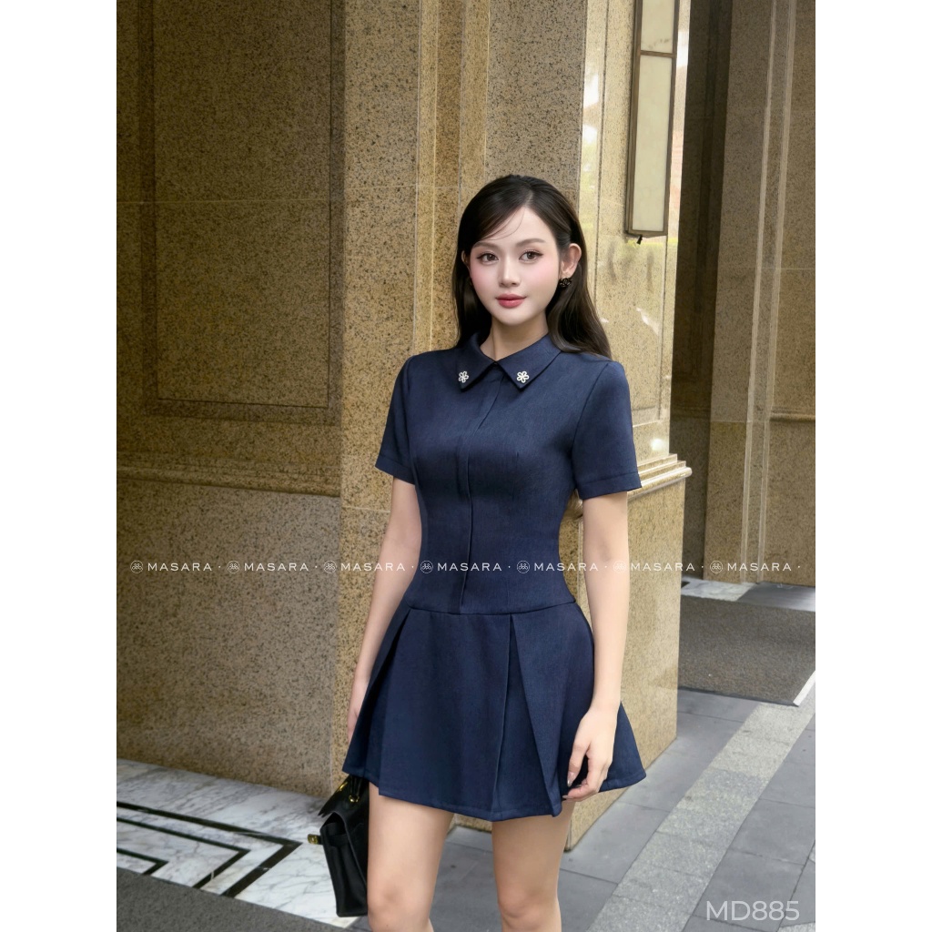 Đầm ngắn Masara form chữ A cổ sơ mi đính charm hoa lấp lánh phong cách thanh lịch MD885