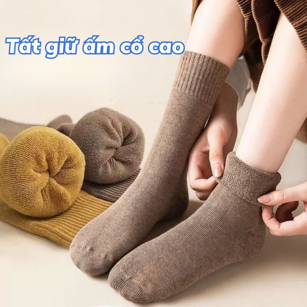 Tất cotton cổ cao gân tăm len dày dặn giữ âm mùa đông phong cách basic cổ diển unisex LANIXA T674