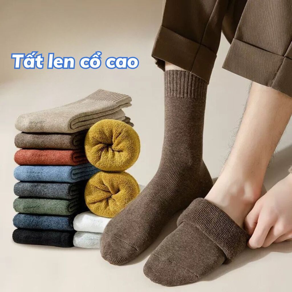 Tất cotton cổ cao gân tăm len dày dặn giữ âm mùa đông phong cách basic cổ diển unisex LANIXA T674