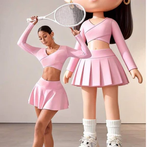 Đồ Tập Pickleball Nữ UYNSPORTY Áo Croptop Tay Dài Cổ Chữ V Phối Dây Chéo Bộ Đồ Pickleball Nữ