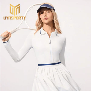 Váy Pickleball Nữ UYNSPORTY Trắng Cổ Polo Dài Tay Phối Sọc Gấu Xếp Ly, Bộ Đồ Pickleball