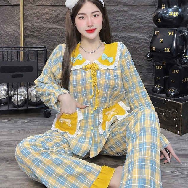 Đồ bộ nữ đồ mặc nhà,đồ ngủ nữ dễ thương,đồ xinh Đũi tiểu thư cao cấp sọc caro nhiều màu hottrend[12]