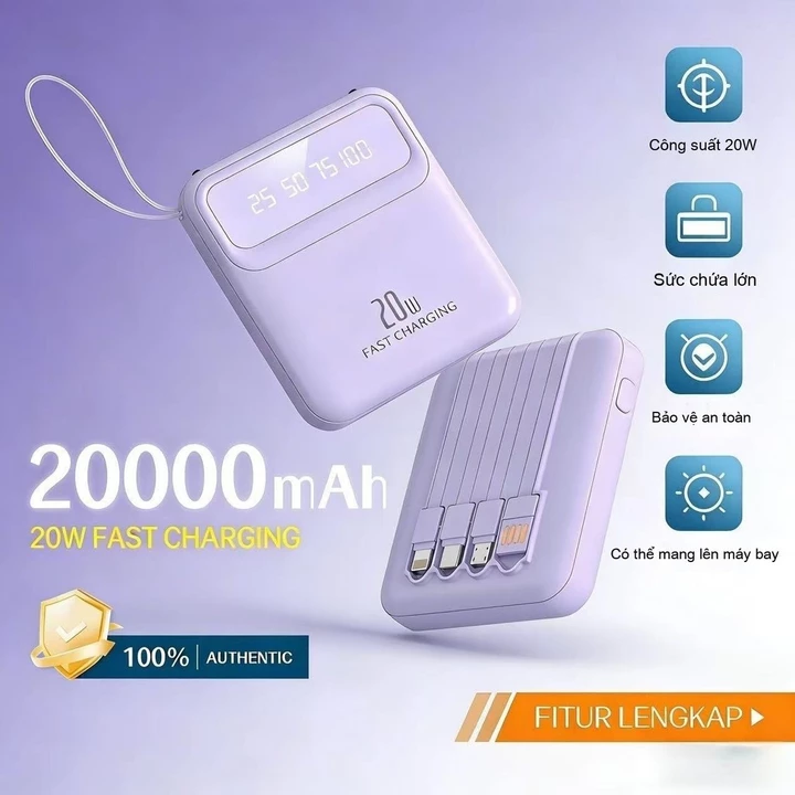 COD Bộ sạc dự phòng dung lượng lớn 20000 mAh, Bộ sạc dự phòng di động với cáp sạc 25W Sạc nhanh với màn hình LED