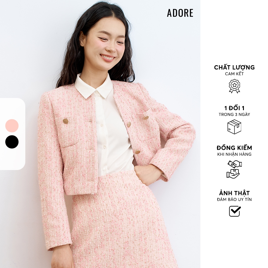 512TW1004 - Blazer tweed hồng hạt nổi/text karo đen trắng  ADORE