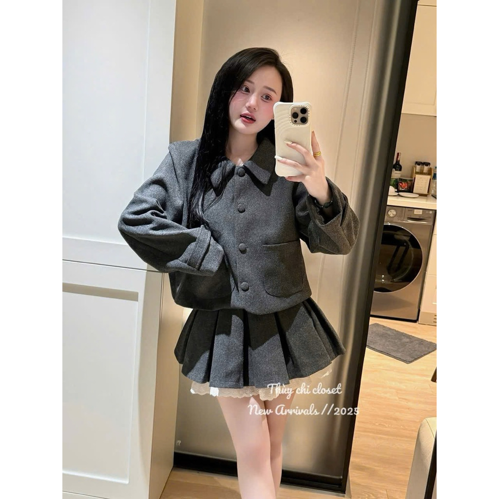 Set Dạ Cổ Sen Cúc Bọc Hàng 2 Lớp Mix Chân Váy Xếp Ly Phối Ren 2 Màu