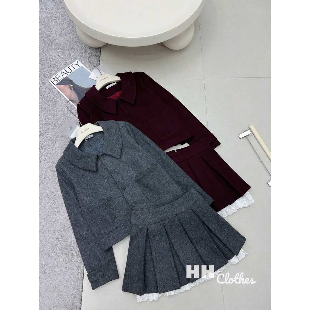 Set Dạ Cổ Sen Cúc Bọc Hàng 2 Lớp Mix Chân Váy Xếp Ly Phối Ren 2 Màu