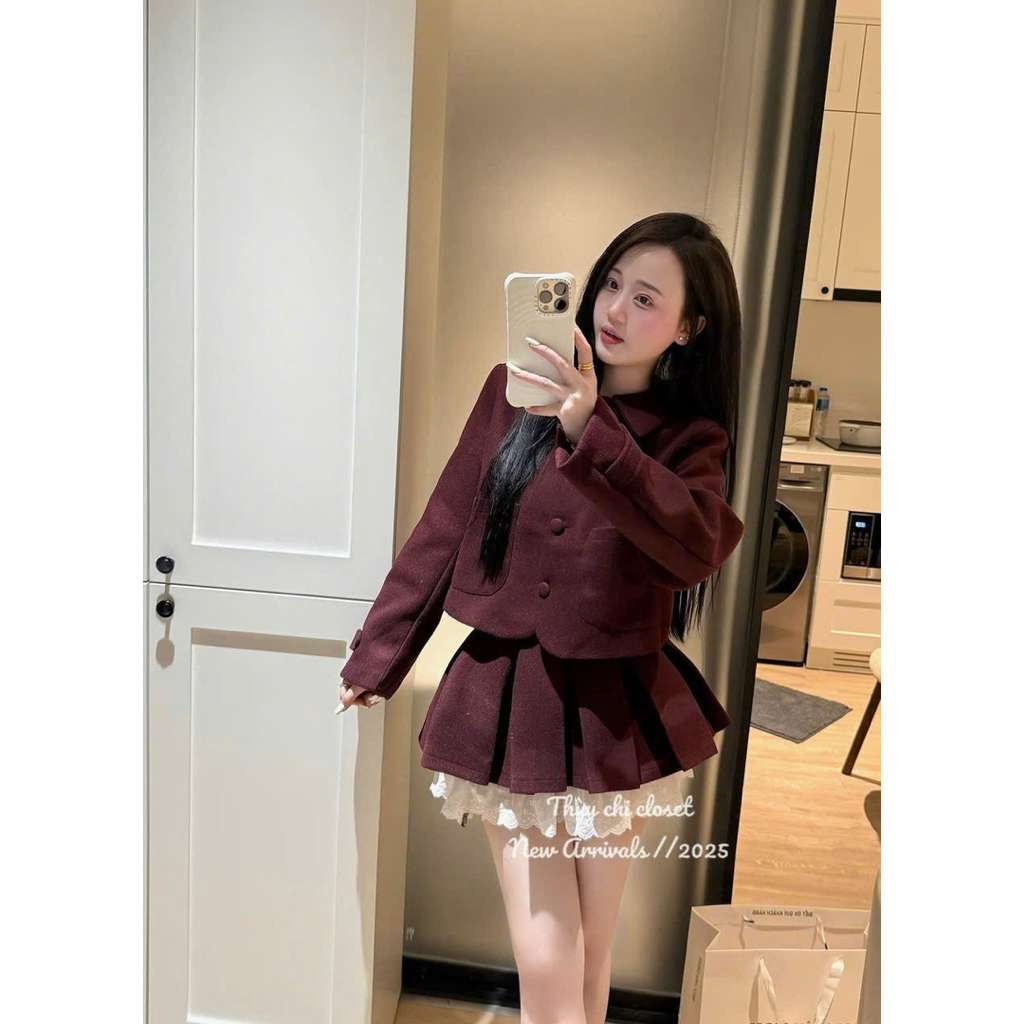 Set Dạ Cổ Sen Cúc Bọc Hàng 2 Lớp Mix Chân Váy Xếp Ly Phối Ren 2 Màu