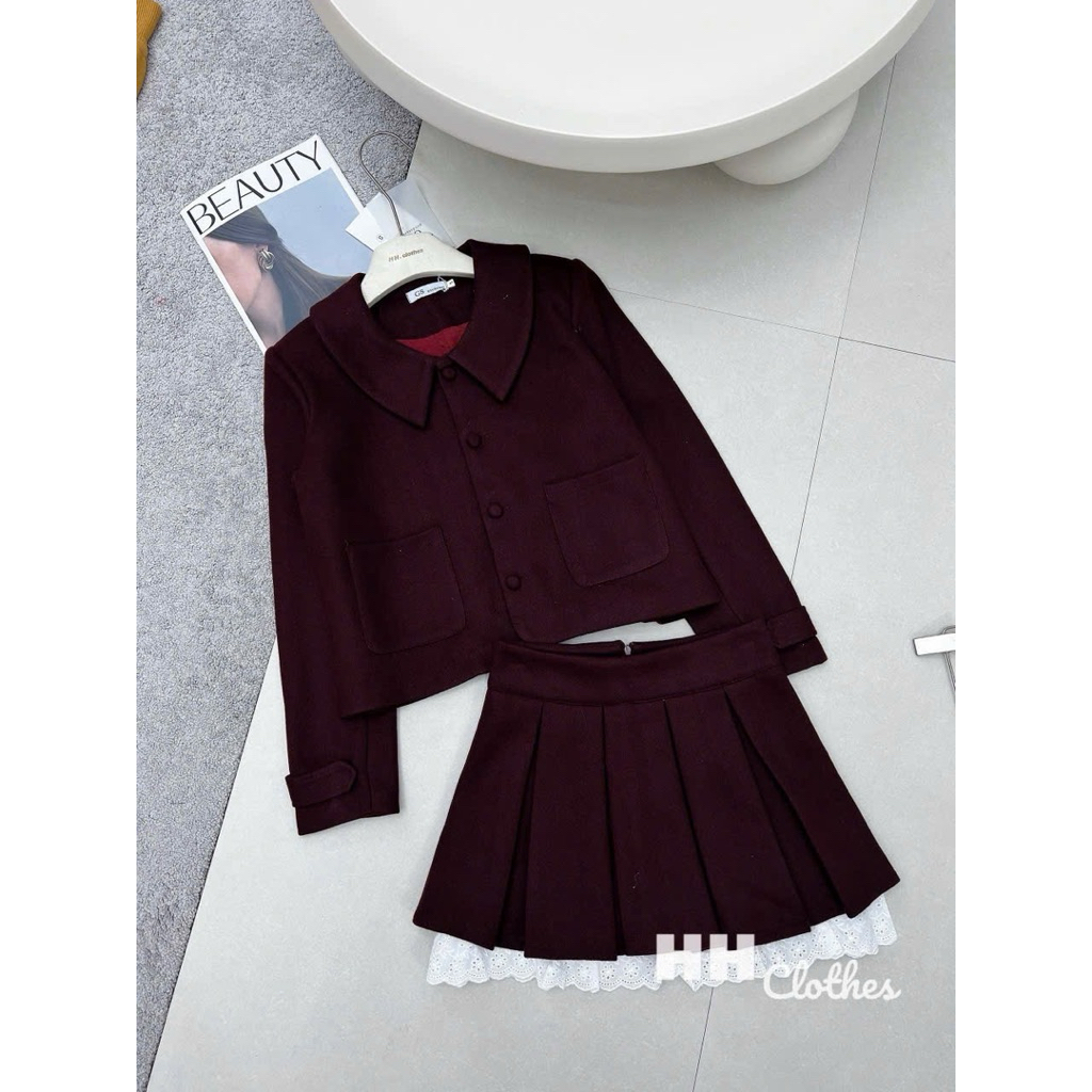 Set Dạ Cổ Sen Cúc Bọc Hàng 2 Lớp Mix Chân Váy Xếp Ly Phối Ren 2 Màu