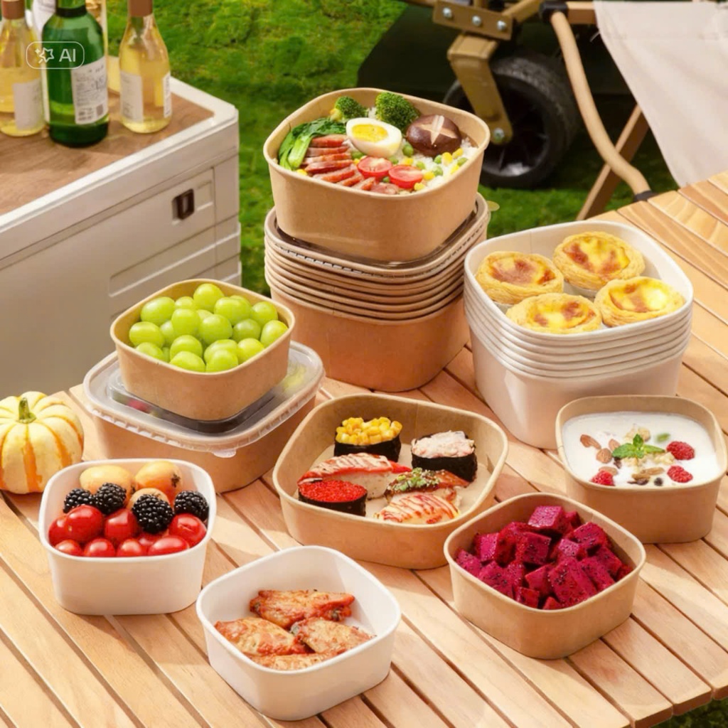 Combo 10 ,50 Tô giấy vuông Kraft cao cấp 750ml 1000ml kèm nắp đựng thức ăn đựng thực phẩm