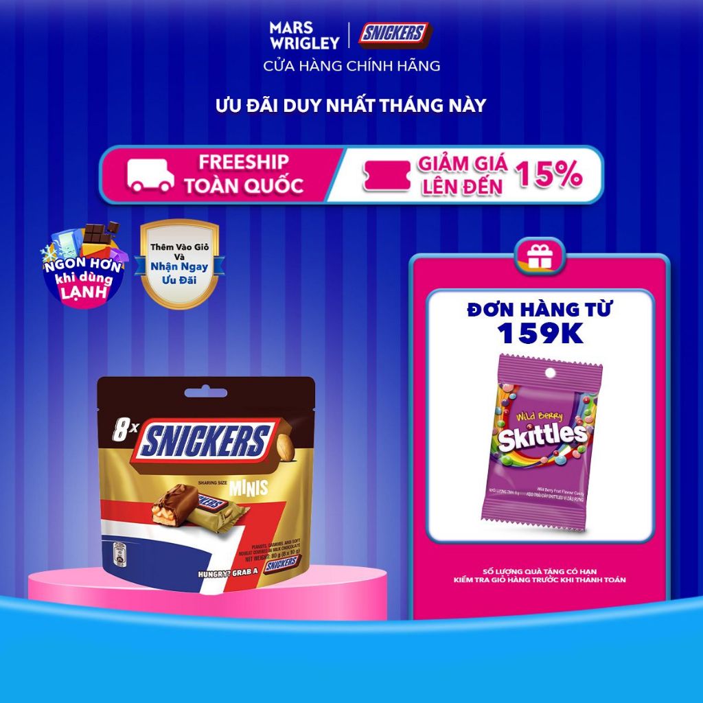 Túi kẹo Sôcôla nhân đậu phộng Snickers MINIs 80g (8 thanh x 10g ...