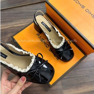 Giày búp bê lolita , Sục da bóng mũi vuông phối viền Ren mẫu hót nhất năm nay MS 0415