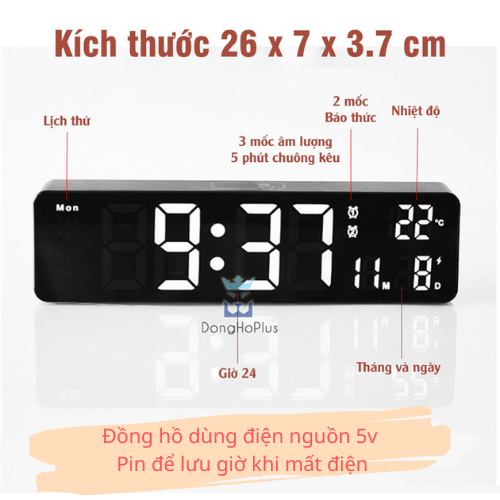 Đồng Hồ Led Treo Tường Để Bàn Điện Tử Decor Số Lớn, Hiển Thị Thứ, Ngày, Tháng, Nhiệt Độ, Báo Thức, Dùng Điện