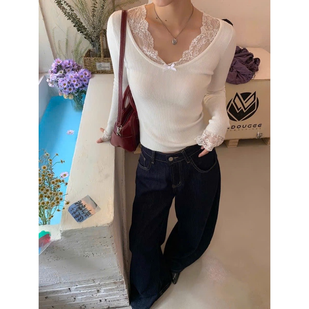 (sẵn)Áo dài tay viền ren cổ V màu trơn trắng đen be ghi chất gân dày dặn co giãn ATDT066 - Tiktik