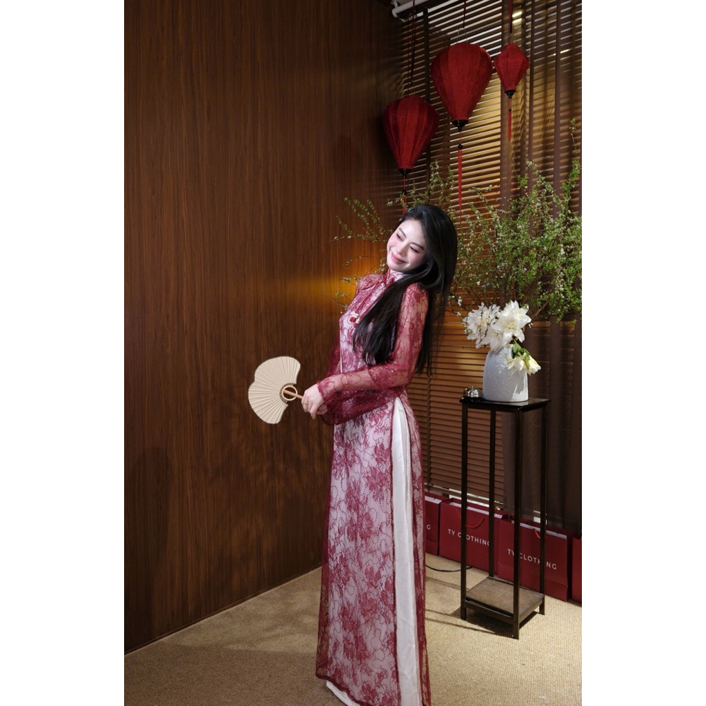 Set Áo Dài Tết 2026 Phối Ren Lưới Kèm Tag Trâm Ngực - Hàng Thiết Kế - Màu Đỏ - TYCLOTHING