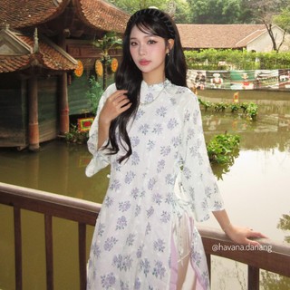 Áo dài thô Boil THANH HẠM 4 tà phối nơ buộc eo kèm quần Satin HAVANA AD172