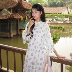 Áo dài thô Boil THANH HẠM 4 tà phối nơ buộc eo kèm quần Satin HAVANA AD172