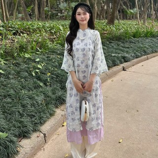 Áo dài thô Boil THANH HẠM 4 tà phối nơ buộc eo kèm quần Satin HAVANA AD172